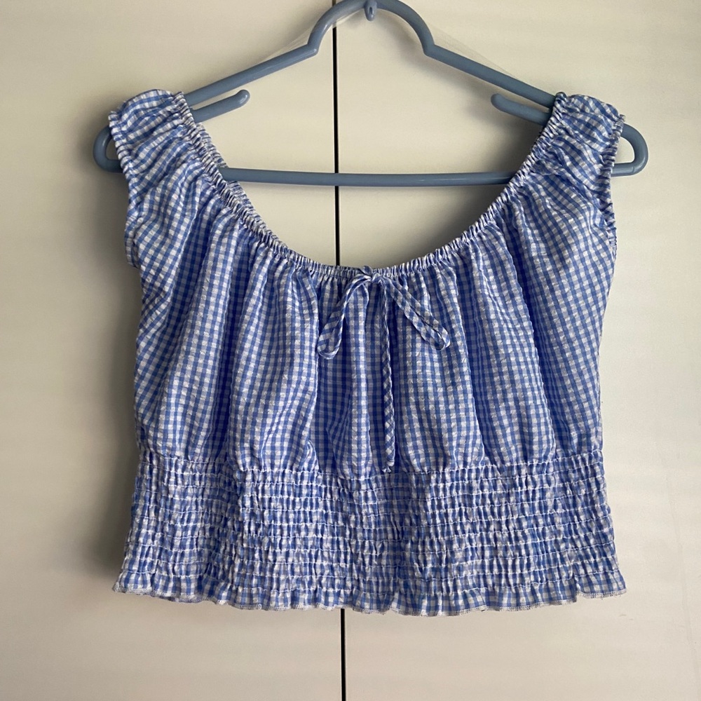 GINGHAM WHITE & BLUE CHECKERED PUFFY CROP TOP